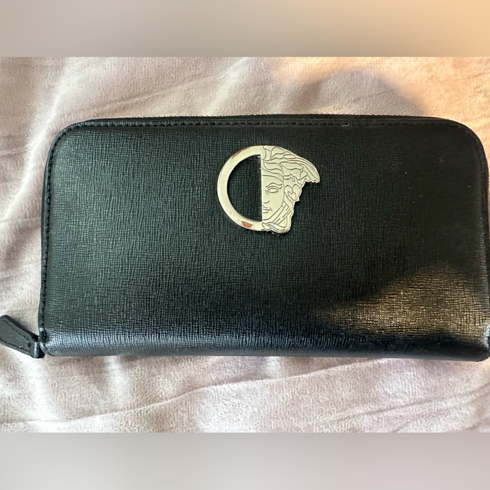 Versace Black Wallet with Silver Medusa Accent-Authentic